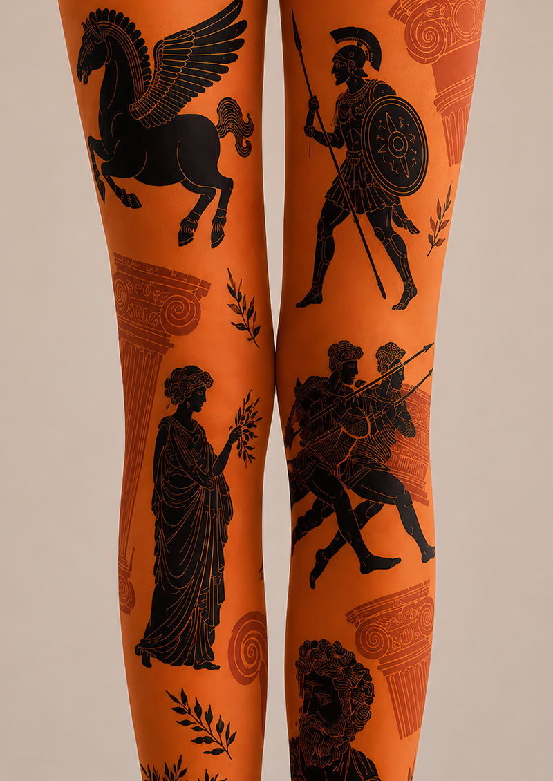 Orange Greek Art Patterned Tights Y2K Hosiery L68-23