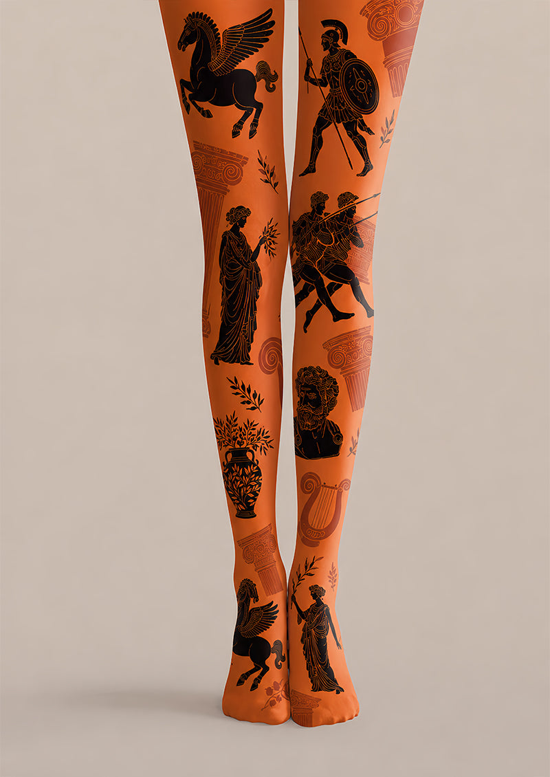 Orange Greek Art Patterned Tights Y2K Hosiery L68-23