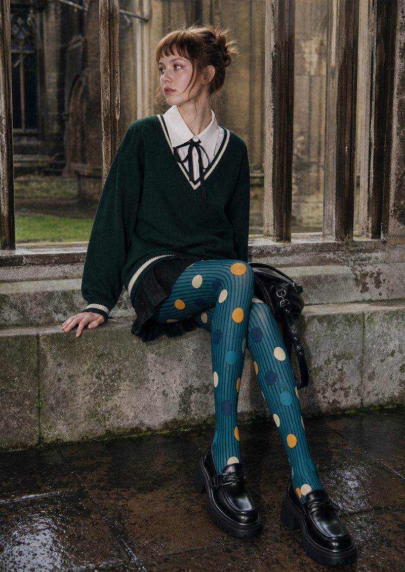 Teal Mixed Pattern Tights Striped Polka Dot Pantyhose L68-26