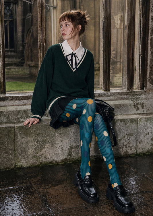 Teal Mixed Pattern Tights Striped Polka Dot Pantyhose L68-26
