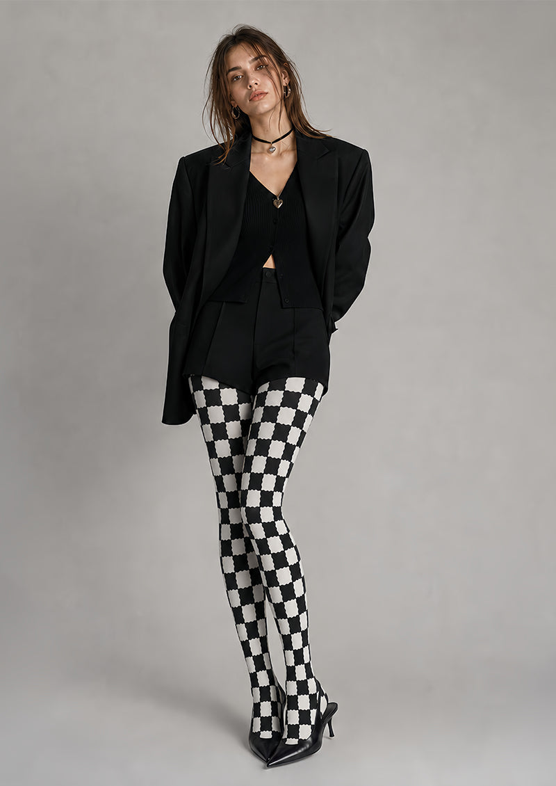 Black White Checkerboard Tights Geometric Pantyhose L68-27