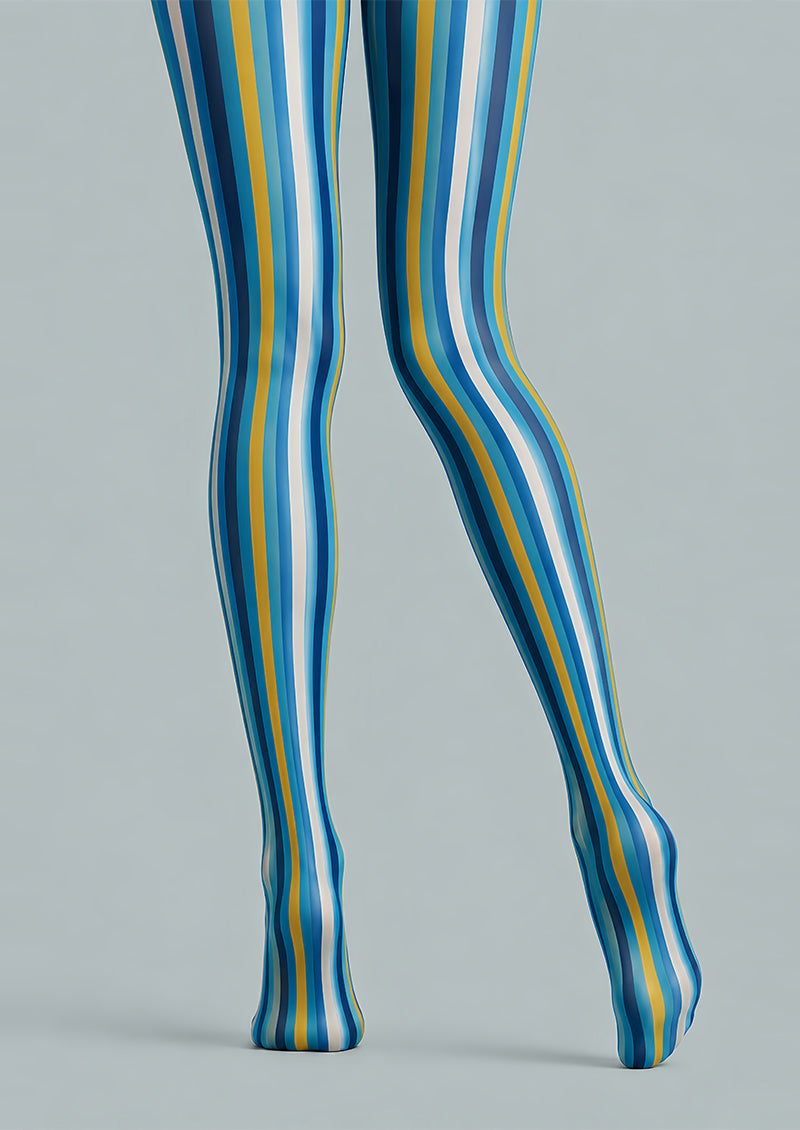 Blue Yellow Striped Pantyhose Colorful Preppy Tights L68-29