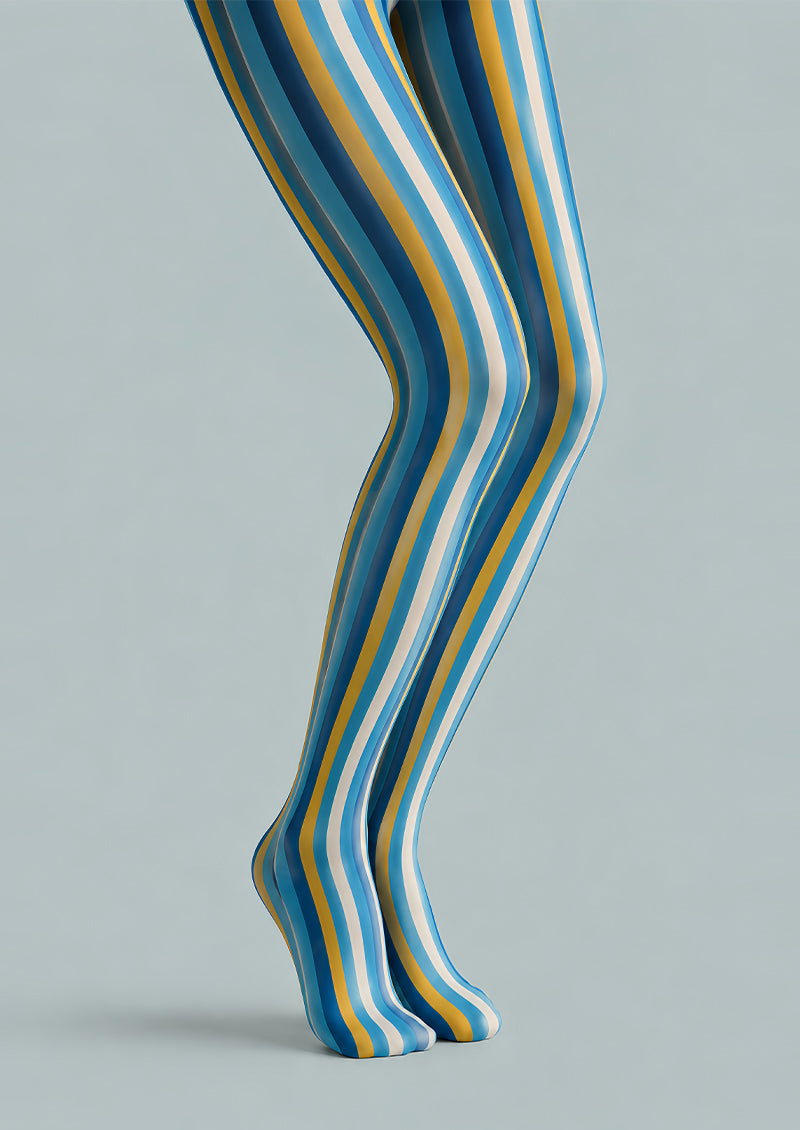 Blue Yellow Striped Pantyhose Colorful Preppy Tights L68-29