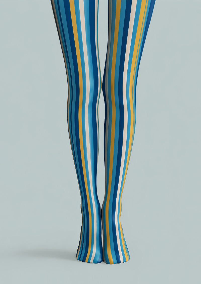 Blue Yellow Striped Pantyhose Colorful Preppy Tights L68-29