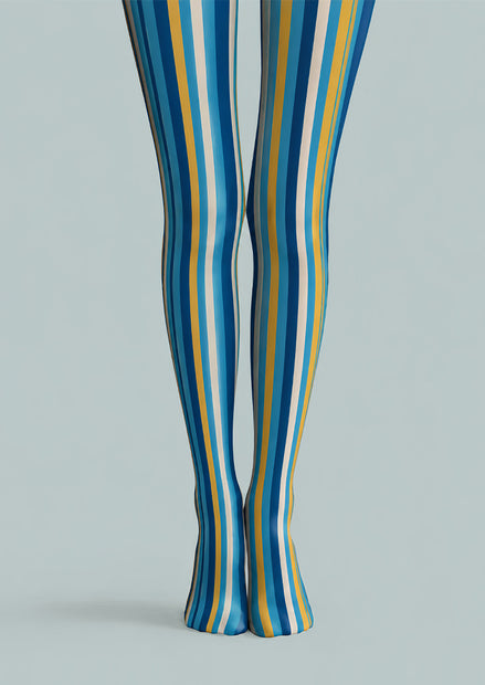 Blue Yellow Striped Pantyhose Colorful Preppy Tights L68-29