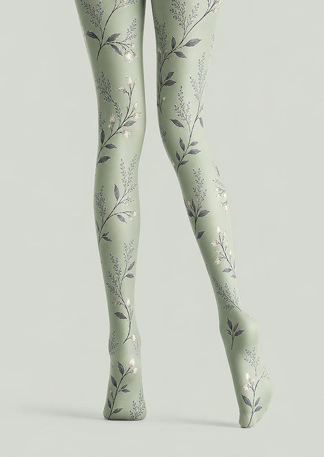 Sage Floral Patterned Tights Elegant Everyday Hosiery L68-30