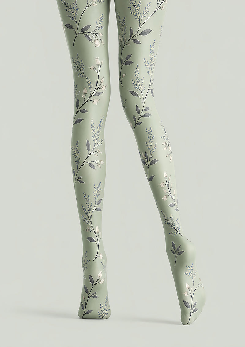 Sage Floral Patterned Tights Elegant Everyday Hosiery L68-30