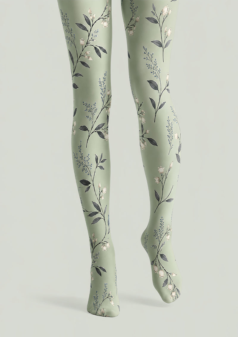 Sage Floral Patterned Tights Elegant Everyday Hosiery L68-30