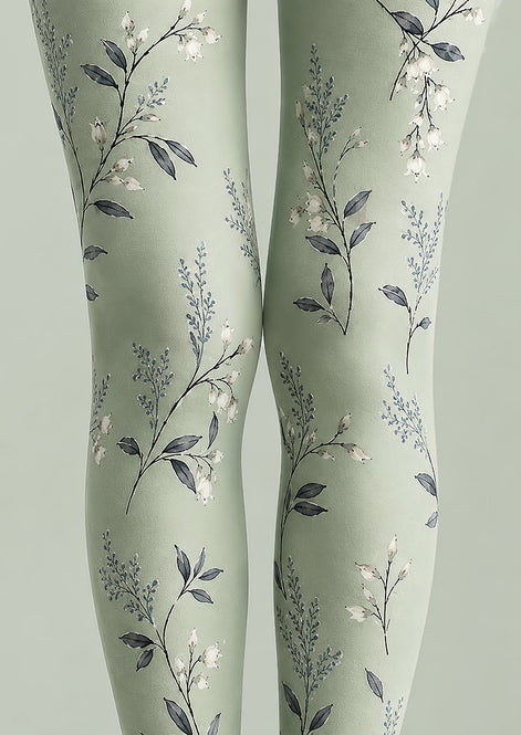 Sage Floral Patterned Tights Elegant Everyday Hosiery L68-30