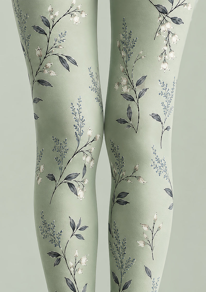 Sage Floral Patterned Tights Elegant Everyday Hosiery L68-30
