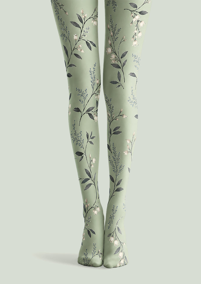 Sage Floral Patterned Tights Elegant Everyday Hosiery L68-30