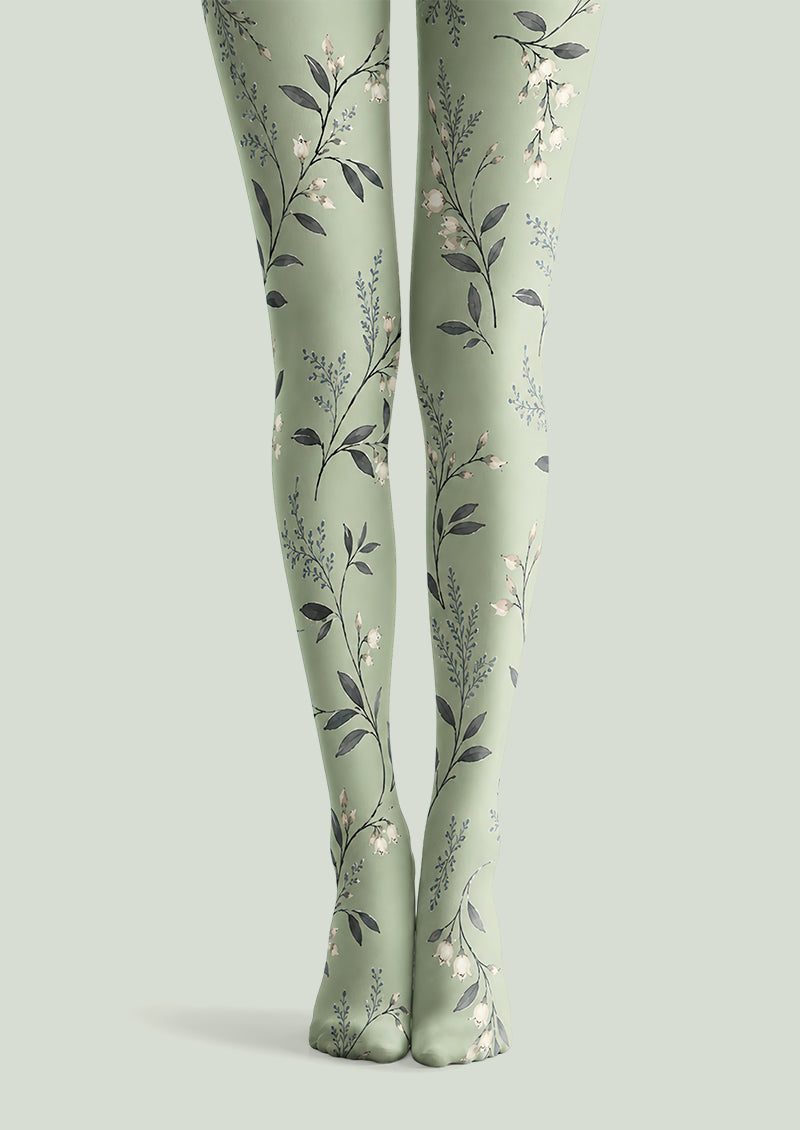 Sage Floral Patterned Tights Elegant Everyday Hosiery L68-30