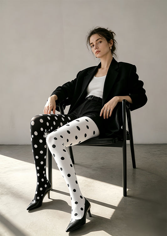 Two Tone Black White Polka Dot Tights Everyday Pantyhose L68-31