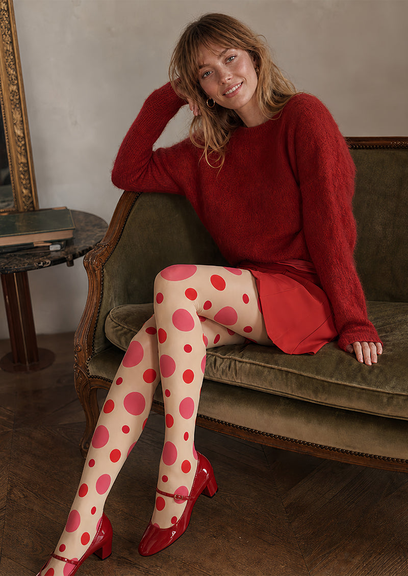 Cream Polka Dot Tights Pink Red Fashion Pantyhose L68-32