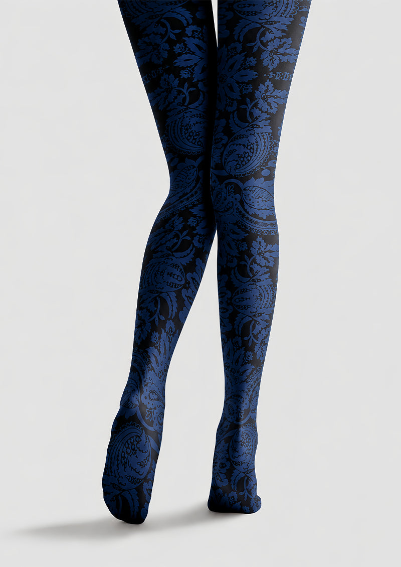 Dark Blue Paisley Tights Vintage Damask Pantyhose L68-34