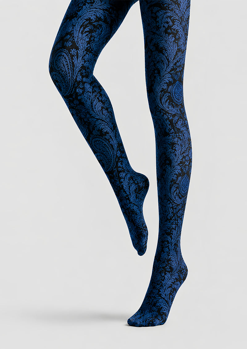 Dark Blue Paisley Tights Vintage Damask Pantyhose L68-34