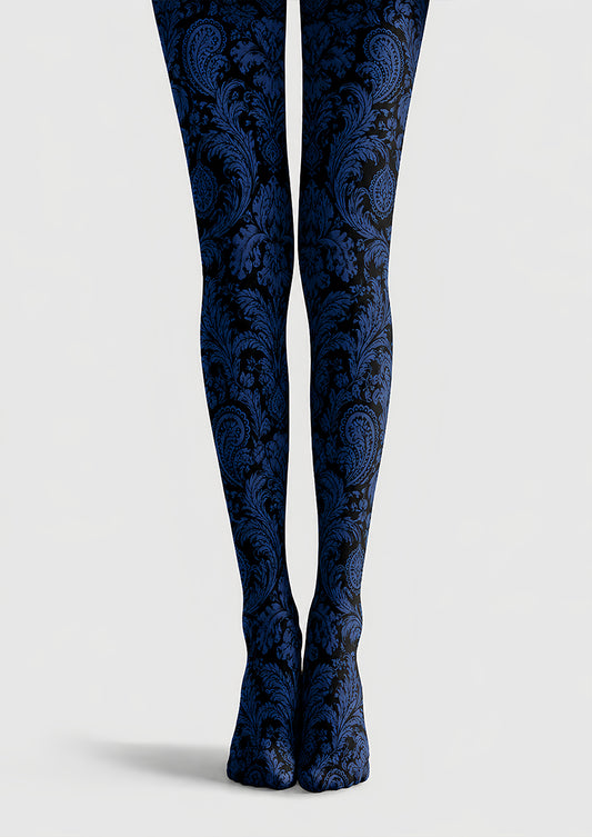 Dark Blue Paisley Tights Vintage Damask Pantyhose L68-34