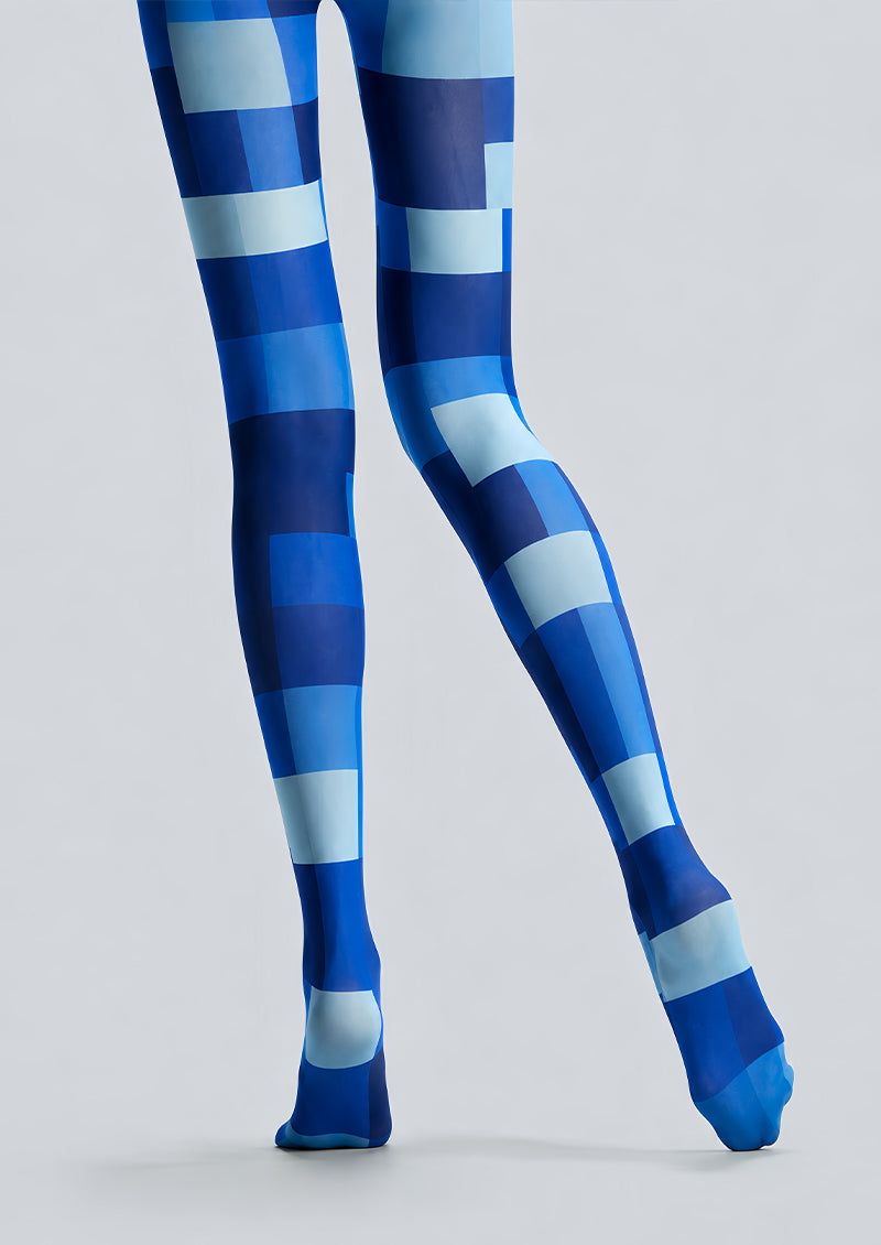 Blue Geometric Pantyhose Checkerboard Fashion Tights L68-35