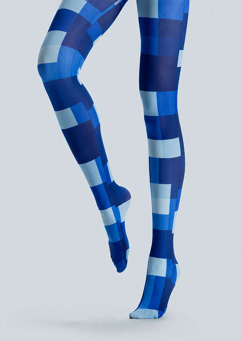 Blue Geometric Pantyhose Checkerboard Fashion Tights L68-35