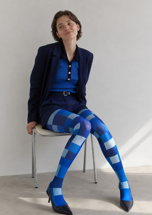 Blue Geometric Pantyhose Checkerboard Fashion Tights L68-35
