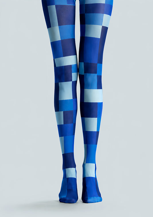 Blue Geometric Pantyhose Checkerboard Fashion Tights L68-35