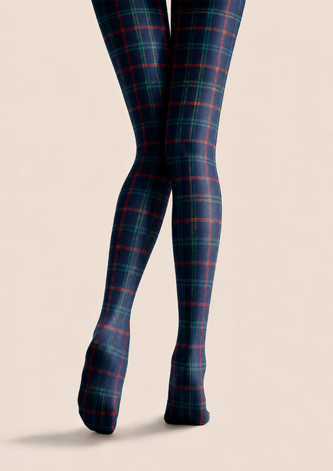 Navy Tartan Plaid Tights Preppy Patterned Pantyhose L68-36