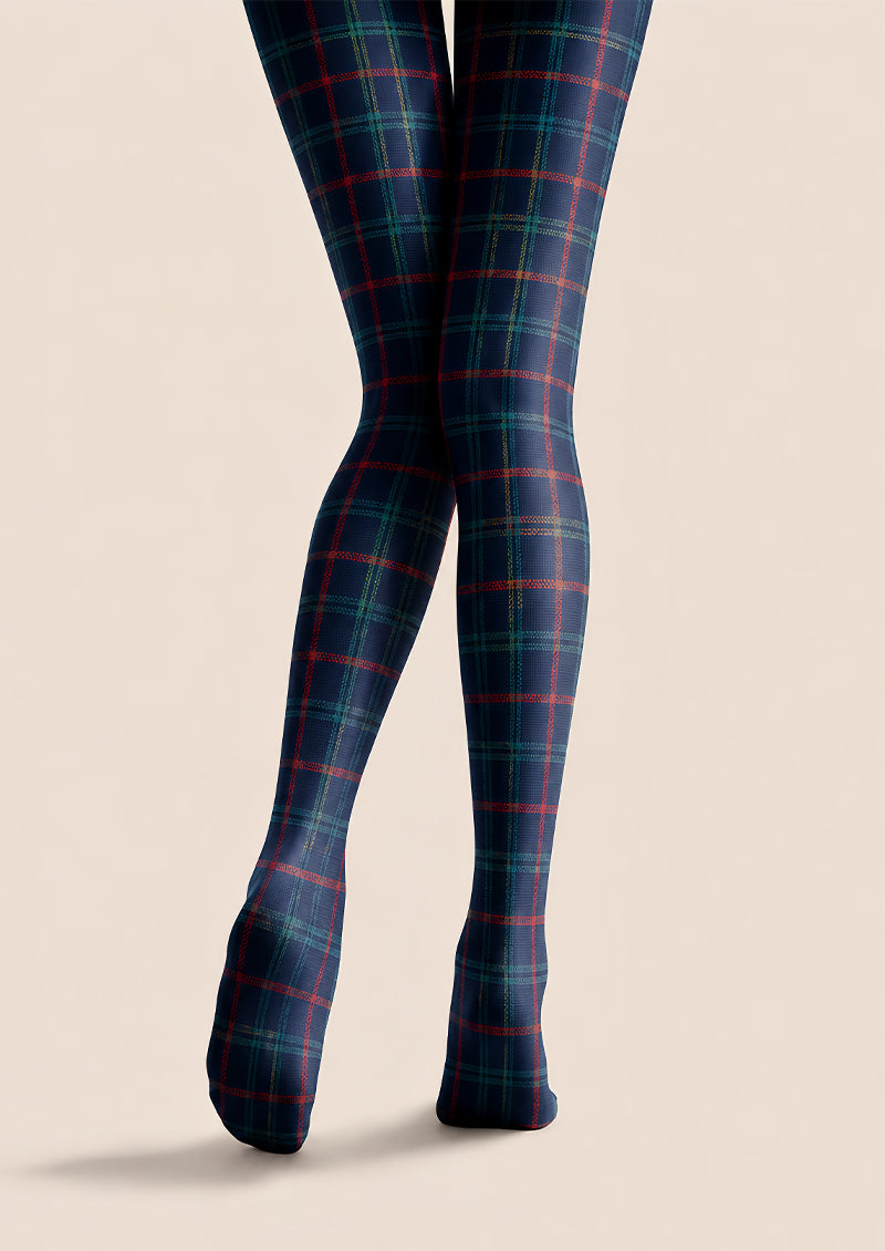 Navy Tartan Plaid Tights Preppy Patterned Pantyhose L68-36