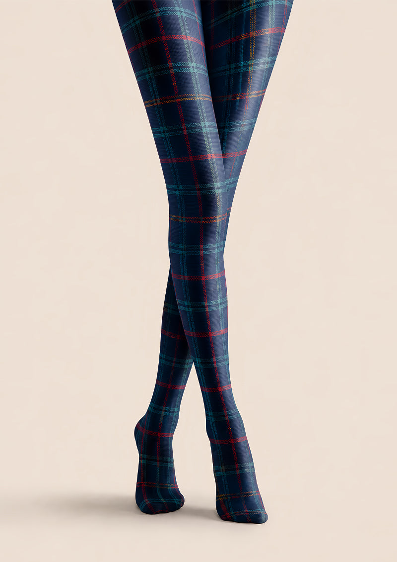Navy Tartan Plaid Tights Preppy Patterned Pantyhose L68-36