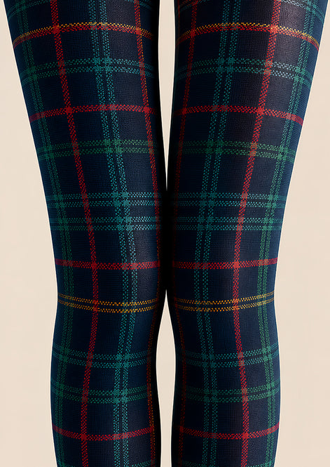 Navy Tartan Plaid Tights Preppy Patterned Pantyhose L68-36