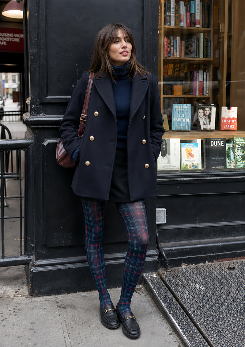 Navy Tartan Plaid Tights Preppy Patterned Pantyhose L68-36
