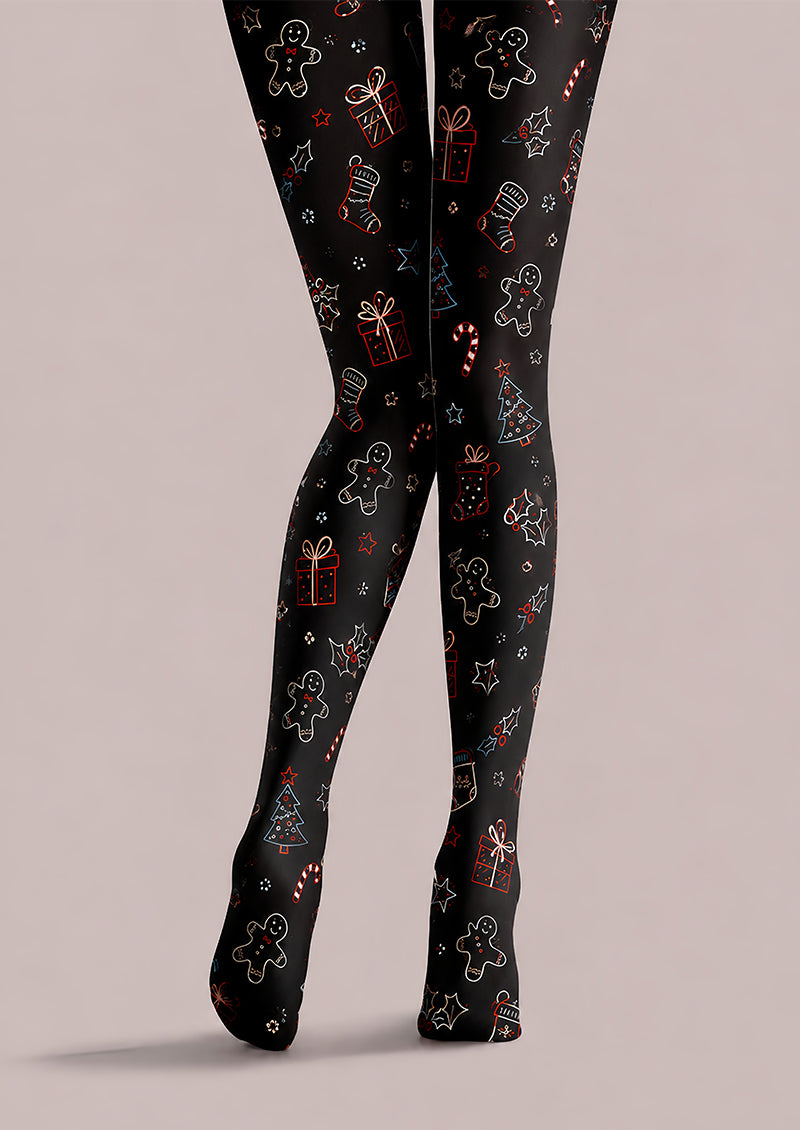 Black Christmas Tights Festive Graphic Pantyhose L68-38