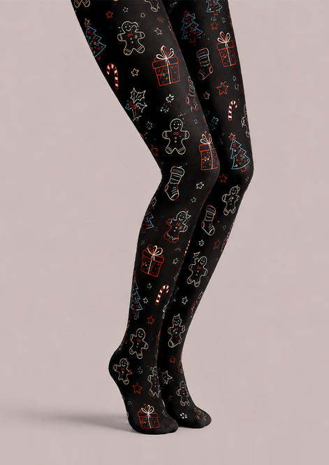 Black Christmas Tights Festive Graphic Pantyhose L68-38