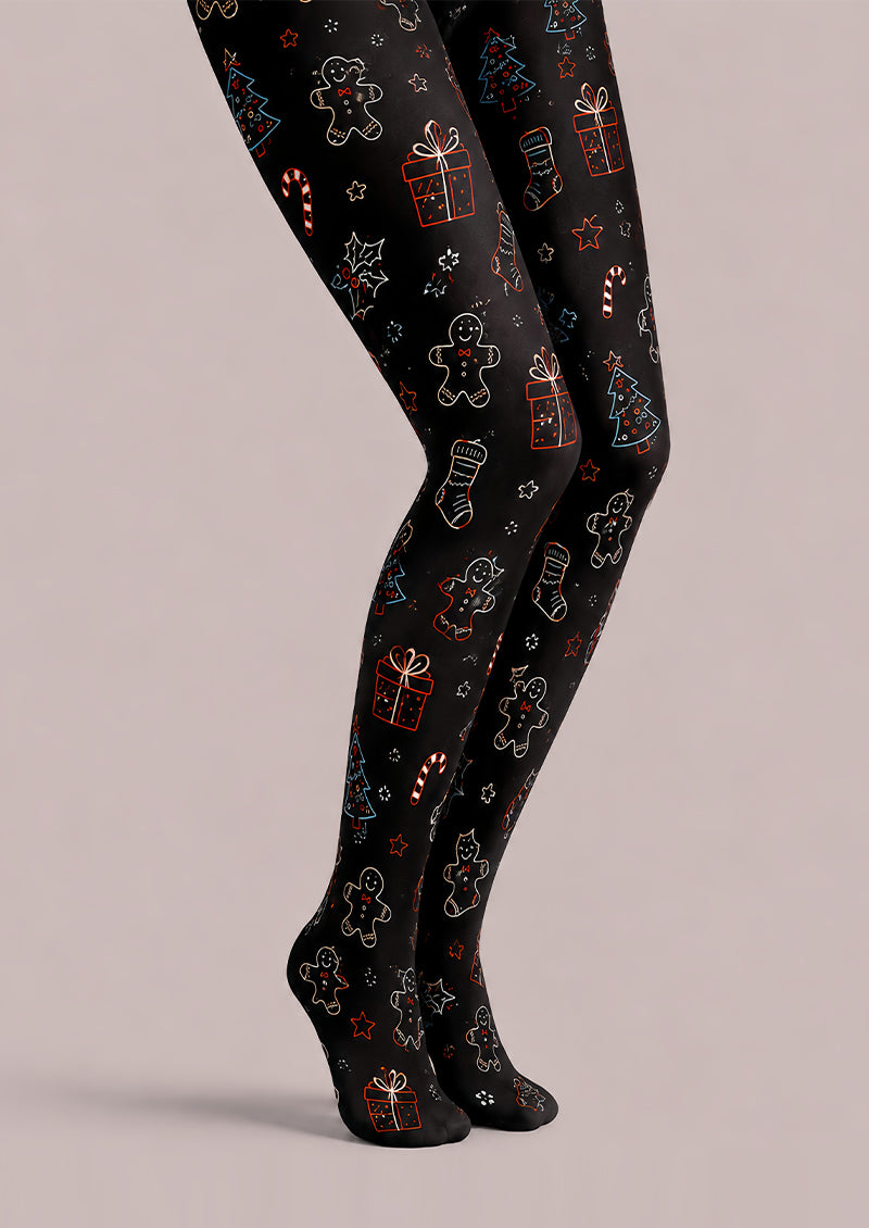 Black Christmas Tights Festive Graphic Pantyhose L68-38