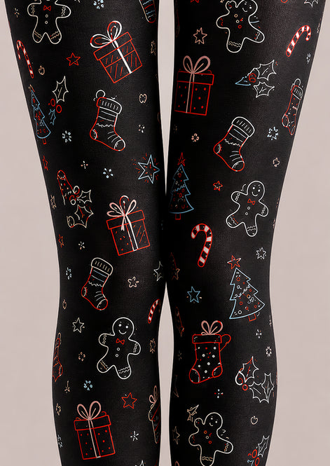 Black Christmas Tights Festive Graphic Pantyhose L68-38