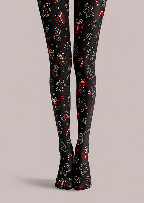 Black Christmas Tights Festive Graphic Pantyhose L68-38