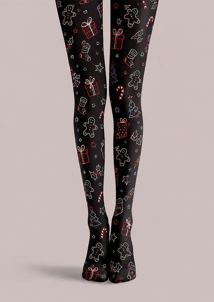 Black Christmas Tights Festive Graphic Pantyhose L68-38
