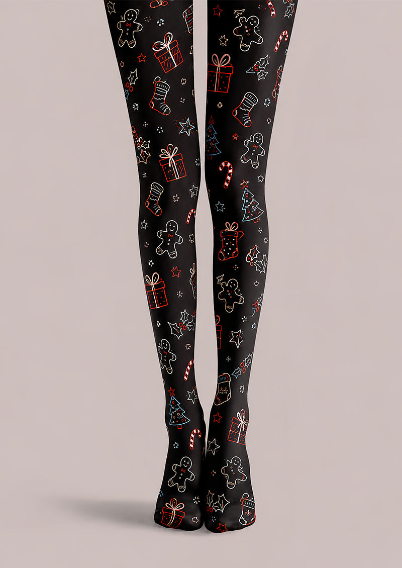 Black Christmas Tights Festive Graphic Pantyhose L68-38