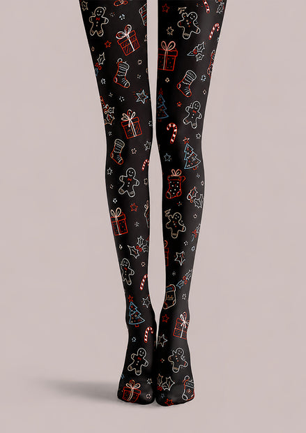 Black Christmas Tights Festive Graphic Pantyhose L68-38