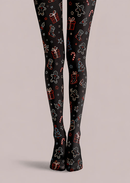 Black Christmas Tights Festive Graphic Pantyhose L68-38