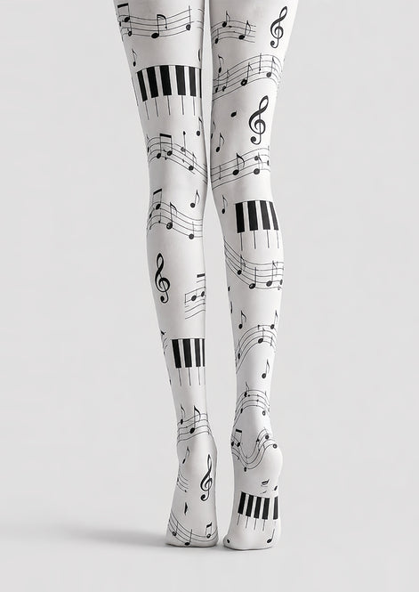 Music Note Tights Black White Piano Pattern Hosiery L68-39