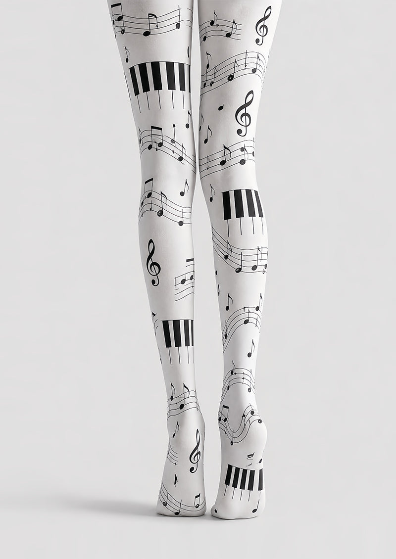 Music Note Tights Black White Piano Pattern Hosiery L68-39