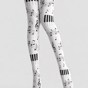 Music Note Tights Black White Piano Pattern Hosiery L68-39
