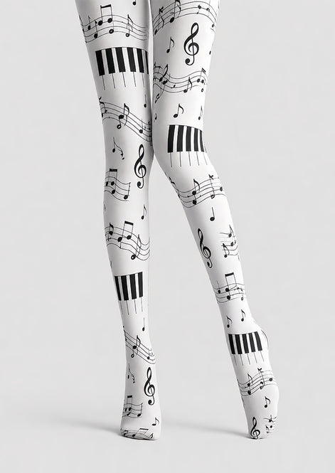 Music Note Tights Black White Piano Pattern Hosiery L68-39