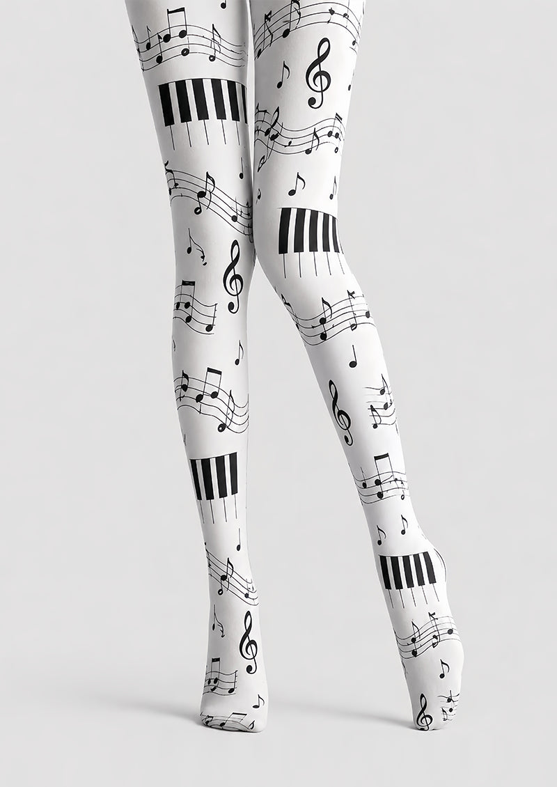 Music Note Tights Black White Piano Pattern Hosiery L68-39