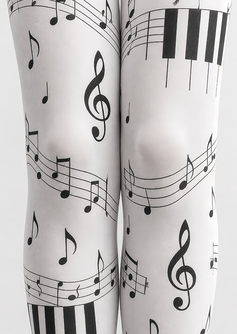 Music Note Tights Black White Piano Pattern Hosiery L68-39