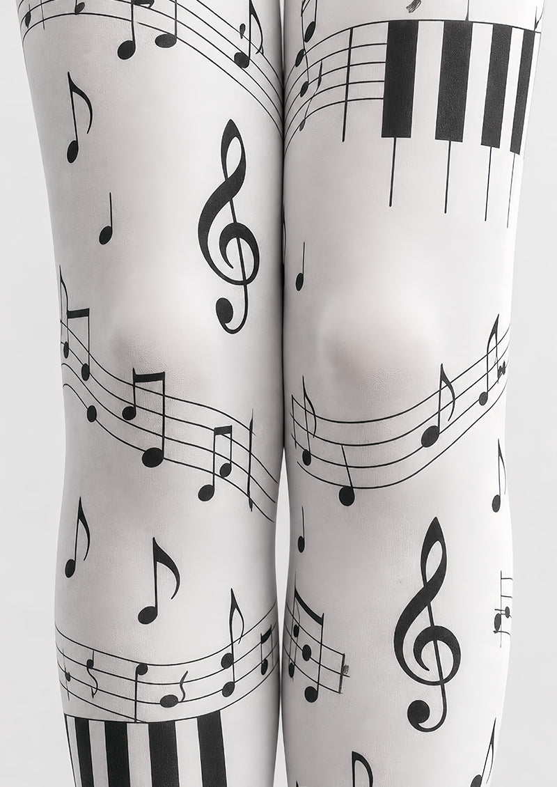 Music Note Tights Black White Piano Pattern Hosiery L68-39
