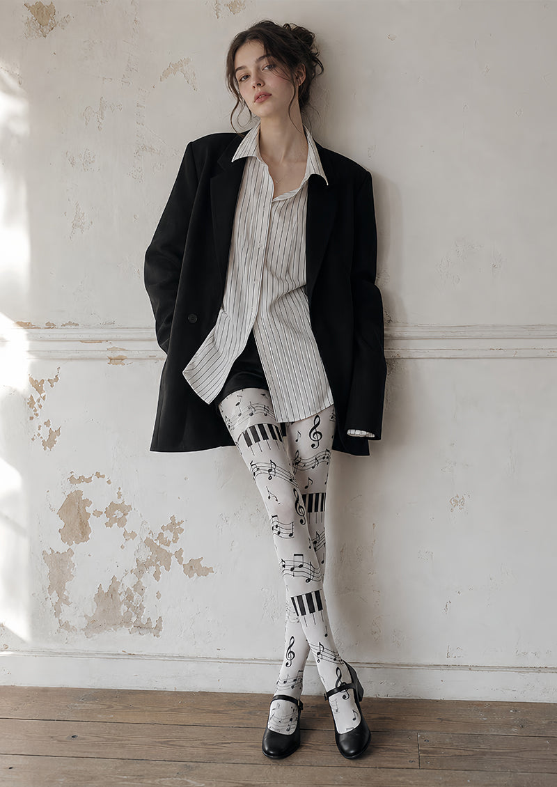 Music Note Tights Black White Piano Pattern Hosiery L68-39