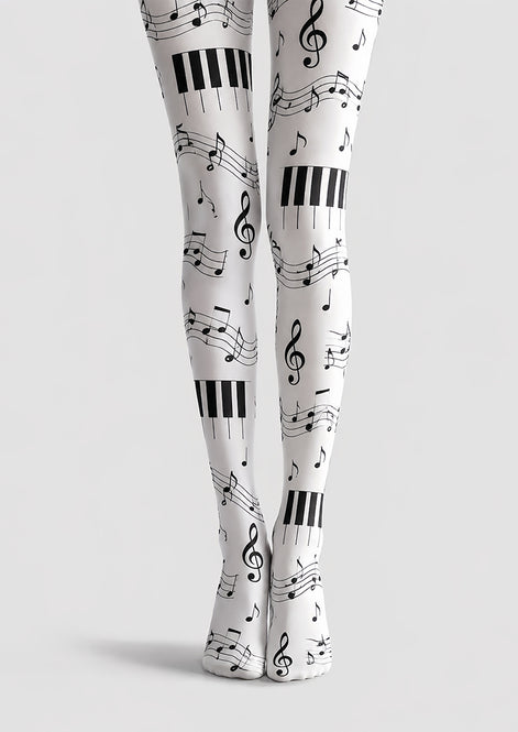Music Note Tights Black White Piano Pattern Hosiery L68-39