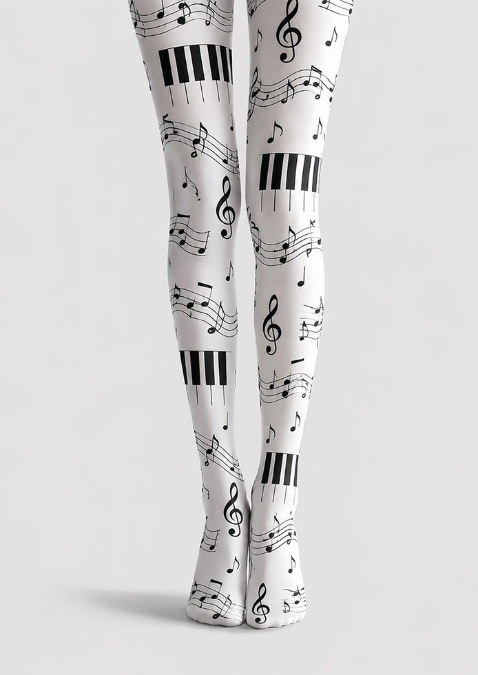Music Note Tights Black White Piano Pattern Hosiery L68-39