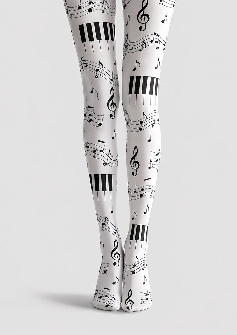 Music Note Tights Black White Piano Pattern Hosiery L68-39